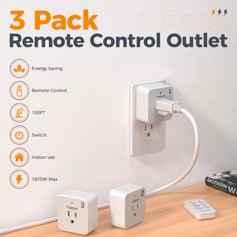 Remote Control Outlet Plug, TESSAN Wireless Light Switch Kit Indoor for String Lights, Lamps, Home Small Appliances, Wireless Power Socket 100ft RF Range, 15A/1875W (1 Remote and 3 Outlets) Grey-1 remote+3 outlet