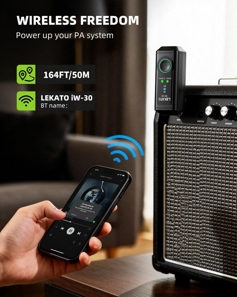 LEKATO Dual iW-30 Bluetooth Receivers with 1/4" TS Plug, BT 5.3 Wireless Audio Adapter, 48kHz/24bit Stereo Audio, for Audio Mixer, PA Speaker, DJ System,165ft Range,15H Battery Life(2 Pack for Stereo)