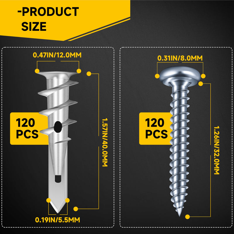 Mywish #8 Self Drilling Drywall Anchors and Screws Kit, Metal Drywall Anchors with Screws, 120PCS Wall Anchors and 120PCS Screws for Drywall, 75LB Wall Hanging Kit Single-point 120