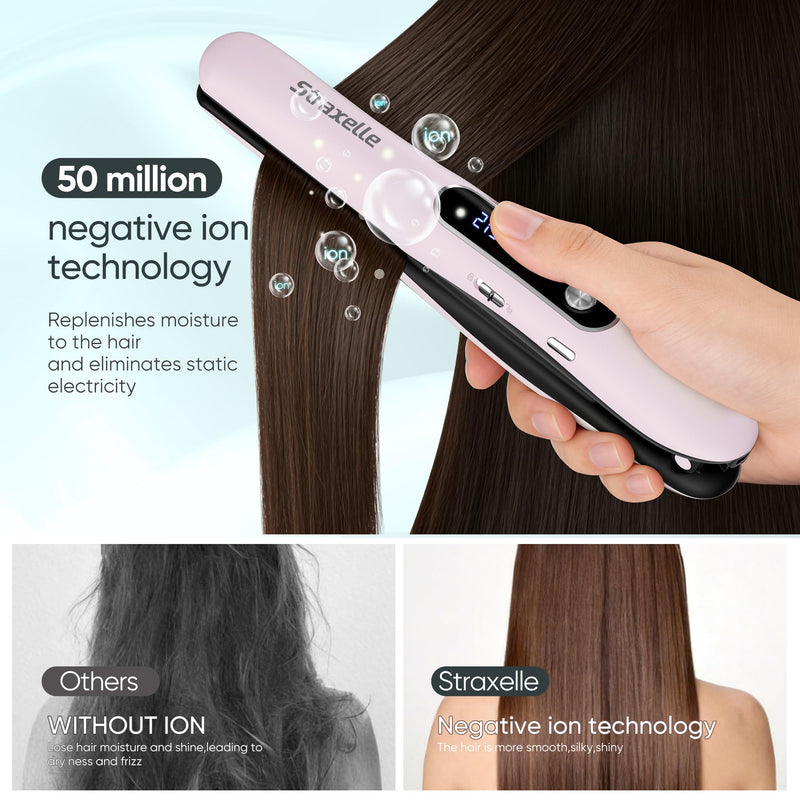 Mini Cordless Hair Straighteners and Curler,5000mAh Rechargeable Travel Straighteners Cordless with LED Display,2 in 1 Portable Flat Iron Hair Straightener 3 Temp Levels for Fine to Thick Hair (Pink) Pink