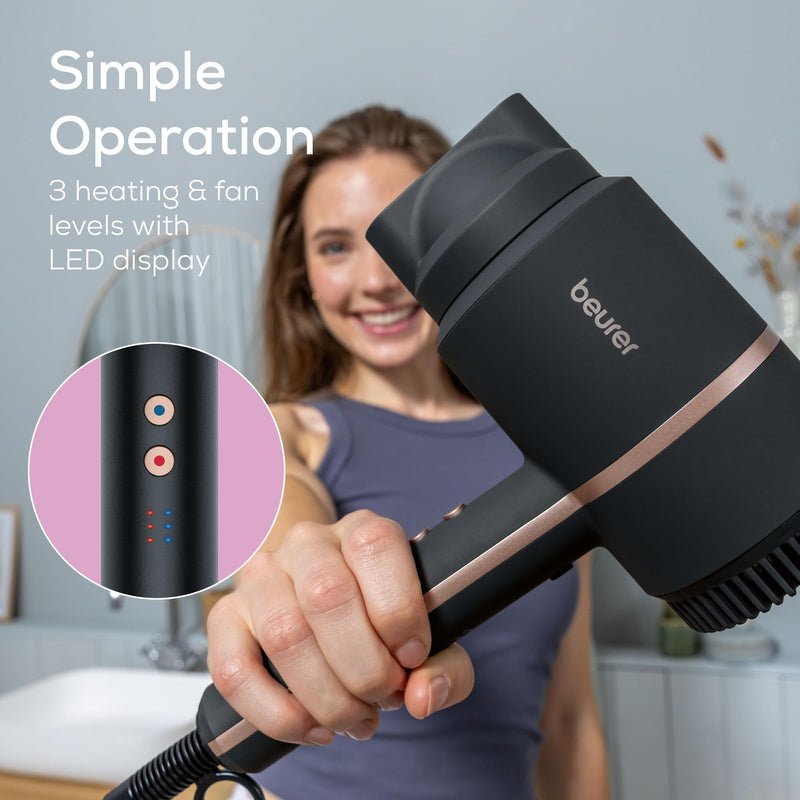 Beurer HC35 Compact Hair Dryer with Ion Function, Lightweight Hairdryer with Narrow Styling Nozzle & Storage Bag, Professional Ionic Hairdryer with Powerful 1600-2000 Watt