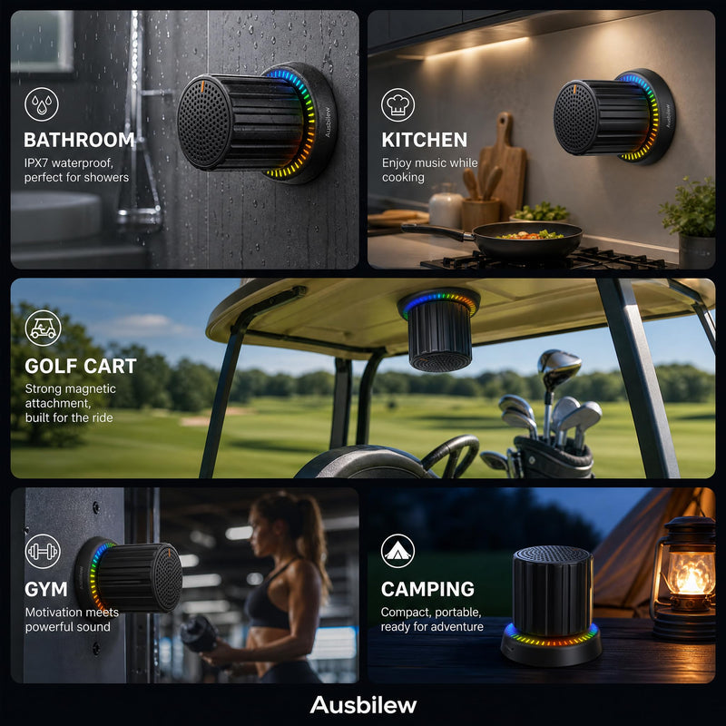 Magnetic Shower Speaker with Smart Rotary Knob Control, Bluetooth 5.3 Waterproof Speaker with Suction Cup & Magnetic Mount, IPX7 Portable Speaker, RGB Lights, Deep Bass for Bathroom, Pool, Kitchen black out