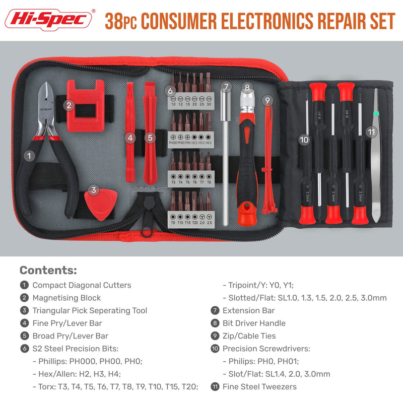 Hi-Spec 38pcs Electronics Repair Tool Kit, Precision Screwdriver Set Magnetic, Computer Screwdriver Kit, PC Building Tool Kit for Laptop, Tablet, DIY and Repair work 38pc