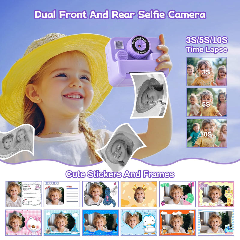 Kids Camera Instant Print, Dual Cameras Photo 1080 HD 2.4 Inch Screen Toddler Print Camera with 3 Prints Paper & 32 G,Christmas Birthday Gifts for Girls Boy 3 4 5 6 7 8 9 1s0 11 12 Year Old Purple