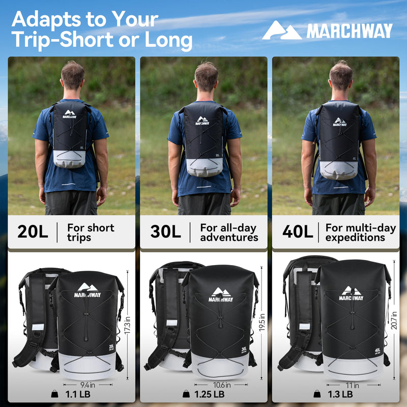 MARCHWAY Floating Roll Top Dry Bag, Flexible Lightweight TPU Waterproof Backpack 20L/30L/40L with Padded Straps for Boating, Kayaking, Swimming, Hiking, Beach (Black, 20L) Black