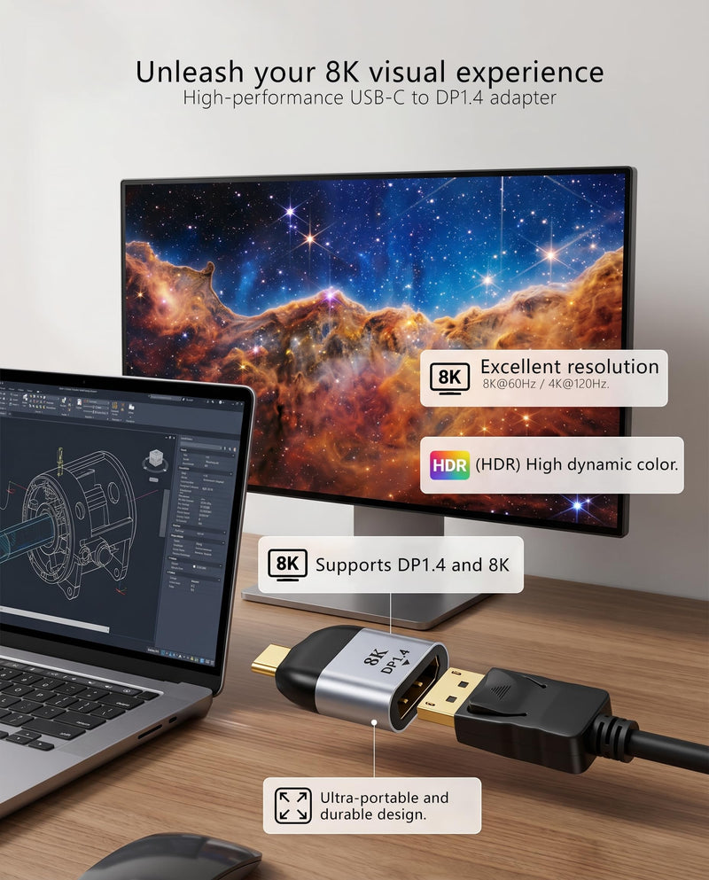 USB C to DisplayPort Adapter Type C Male to DP Female, Silver Black