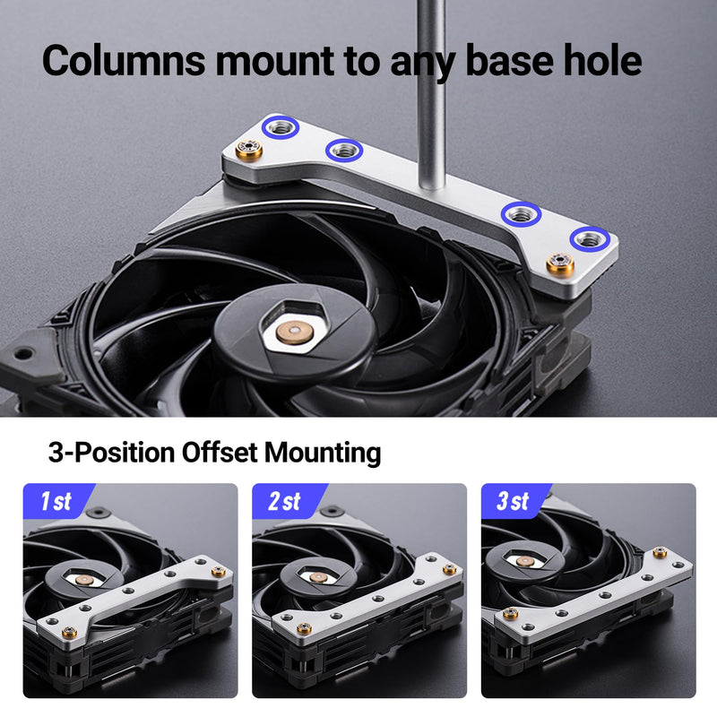 Stackable Aluminum GPU Anti-Sag Bracket for 120mm Fans | Silver bracket, -15/0/15 adjustment & stackable design. Forward/reverse install, fits with or without 120mm fan