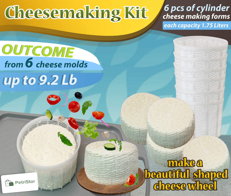 PetriStor 6 Pcs Soft Cheese Mold for Cheese Making 1.85QT - Cheese Making Mold - Cream Cheese Form Mold - Homemade Cheese Making Supplies - Molde para Queso Fresco Casero - Feta Cheese Making Basket