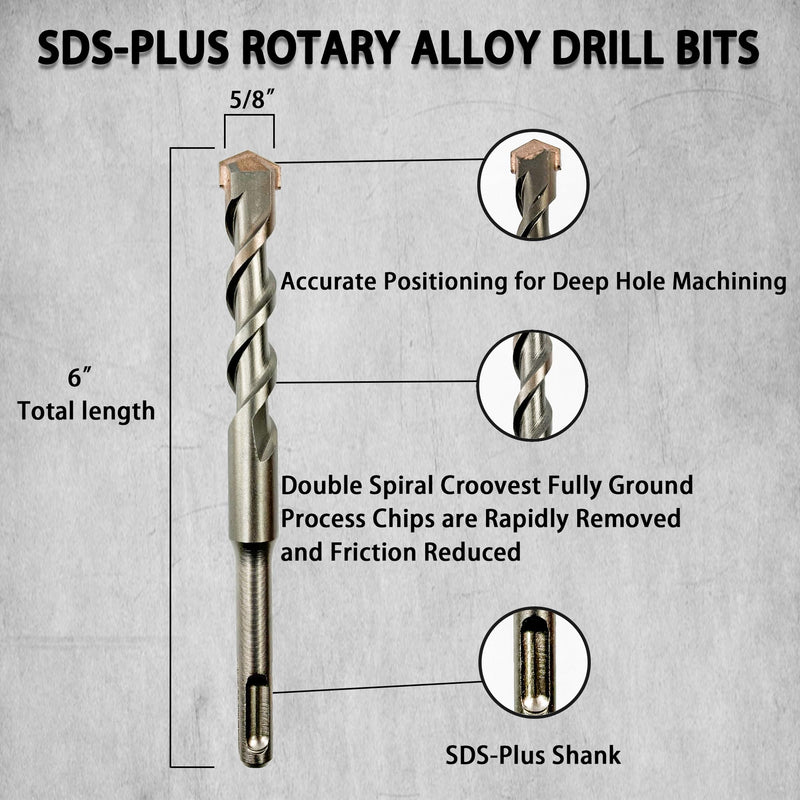 Direko 10-Piece 5/8 inch x 6 Inch SDS Plus Rotary Hammer Drill Bits Carbide Tipped Concert Drill Bits for Concrete, Brick, Cement Walls, Stone, Hammer Drill Bits for Concrete HD-A5/8"x6"