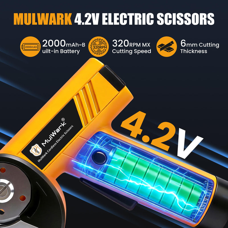 Mulwark Cardboard Cutter Electric, 4.2V Electric Scissors Cordless LED Display, Includes 2 Spare Blades, 4-Speed Electric Box Cutter for Cardboard, Carpet, Plastic, Leather, Portable Cutting Tool
