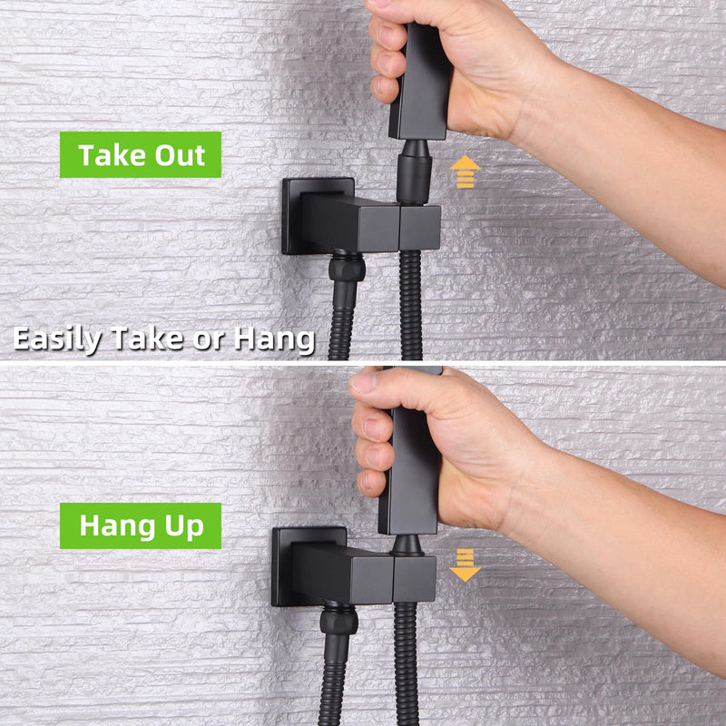 Wall Union with Hand Shower Holder, Angle Simple Brass Wall Mounted Supply Elbow with Adjustable Shower Wand Bracket Matte Black