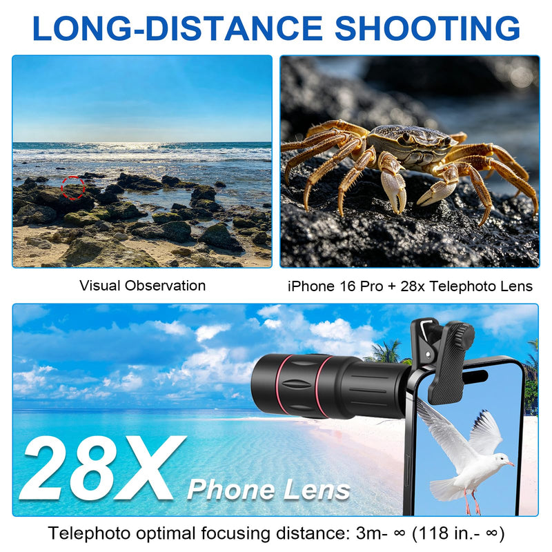 28X Telephoto Lens for iPhone with Tripod, 4-in-1 Phone Camera Lens Kit | Includes Wide Angle, Macro, Fisheye Lens, Universal Clip for Samsung Android, Pro Mobile Photography Attachment