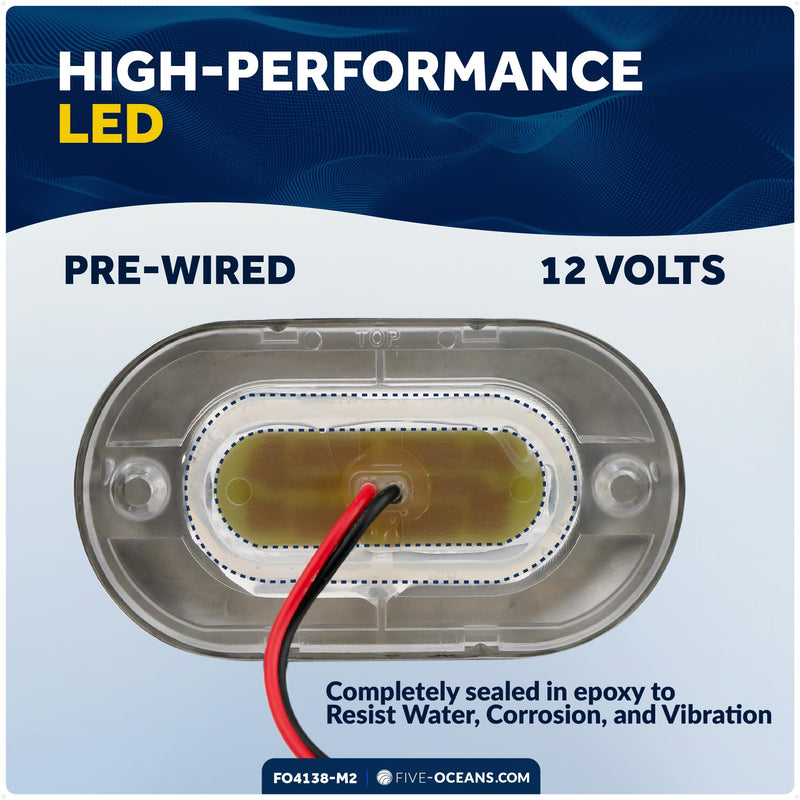 Five Oceans 2-Pack Oblong LED Courtesy Light, Marine Lights for Boat Interior, Deck, Cockpit, Blue LED, IP67 Waterproof, 12V, for Pontoon, Fishing Boat, Yacht, RVs - FO4138-M2