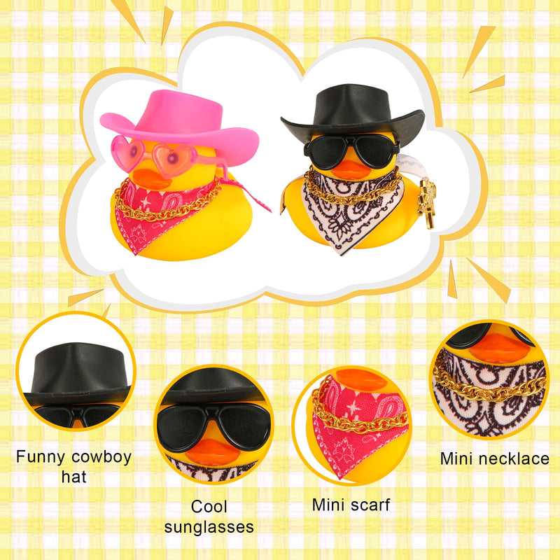 2pcs Rubber Duck Car Ornaments, Funny Rubber Ducks Car Dashboard Decorations Duck Car Accessories with Cowboy Hat Mini Scarf Necklace and Sunglasses for Car Desk Office Decor