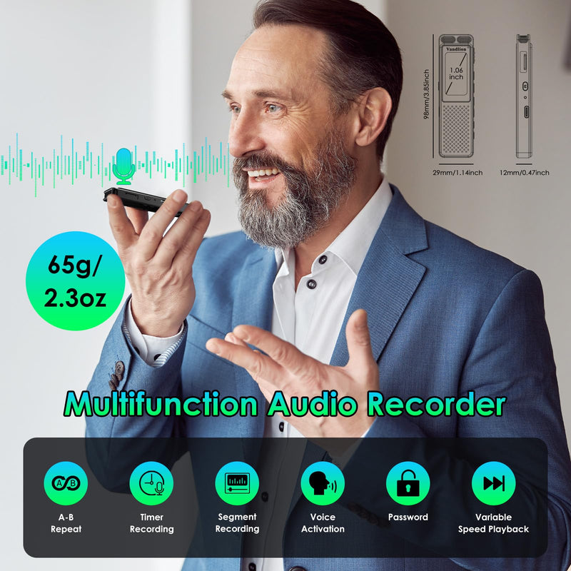 Voice Recorder with Playback, Vandlion HD Clear Digital Recording Device | 100Hrs Battery, AI Noise Reduction, One Touch Recording, Compact, Voice Activated, Password, Lecture Meeting Interview Class 16.0 GB