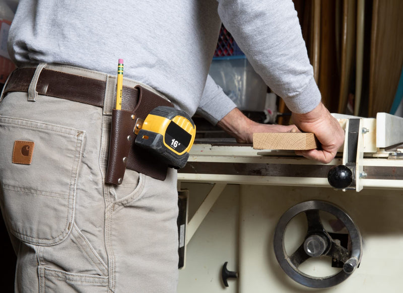 The Wood Shop Mate Heavy Duty Tape Measure Pencil Holder in Top Grain Leather Made to Last A Lifetime Pencil Holder on Left