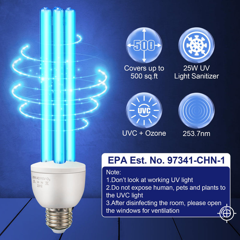 Qualirey 25 Watt Replacement UVC Santizer E27 110V, 185 nm / 254 nm UV Light Bulb for Basement, Bedroom, Kitchen, Closet, Garage and Storage Room(2 Pack,with Ozone) 2 With Ozone