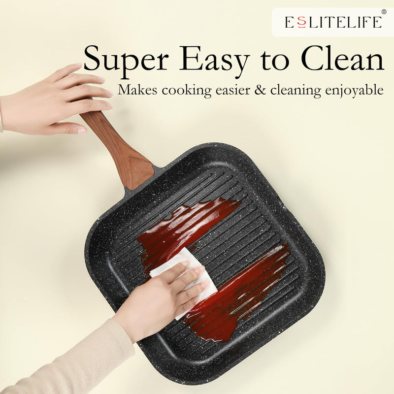 ESLITE LIFE Nonstick Grill Pan for Stove Tops, Versatile Griddle with Pour Spouts, 9.5 Inch Square Big Grilling Skillet Steak Pan for Indoor & Outdoor Cooking, PTFE & PFOA Free, Black 9.5" w/No Accessories