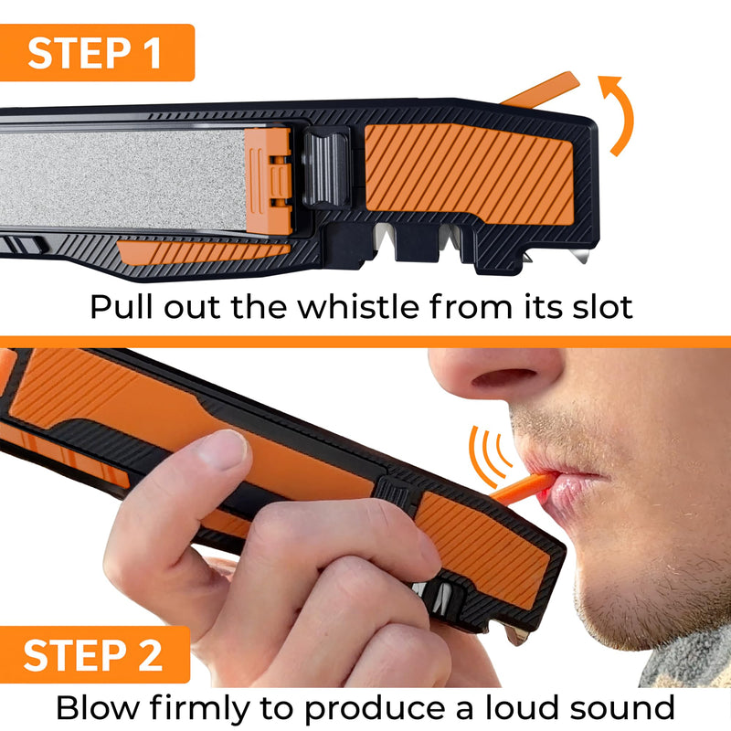 8-in-1 Pocket Field Knife Sharpener – Guided Diamond Whetstones, Diamond Rod, Leather Strop, 2 Sharpening Slots, Fire-Starter Ferro Rod & Whistle – Outdoor, Yard, Camping by Orange Ninja