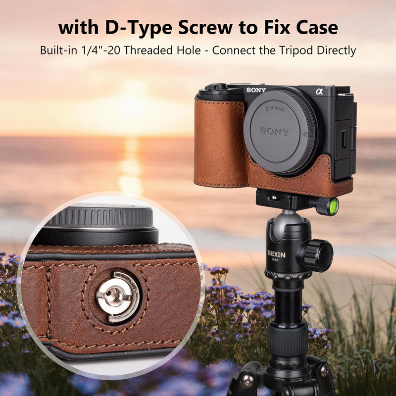 MUZIRI KINOKOO Protective Case for Sony ZV-E10 II, Vintage Textured Genuine Leather Half Case Compatible for Sony Alpha ZVE10 II/ZV-E10 II Camera, with Opening Bottom & 1/4” Thread Screw - Brown