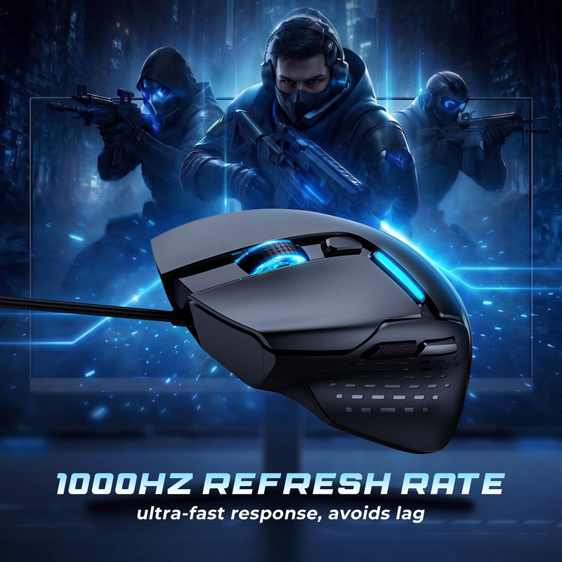 Uineer Wired Gaming Mouse, 7200 DPI, 6 Programmable Buttons, RGB Lighting | 6 programmable buttons, adjustable 7200 DPI, RGB lighting and quiet clicks for work or gaming.