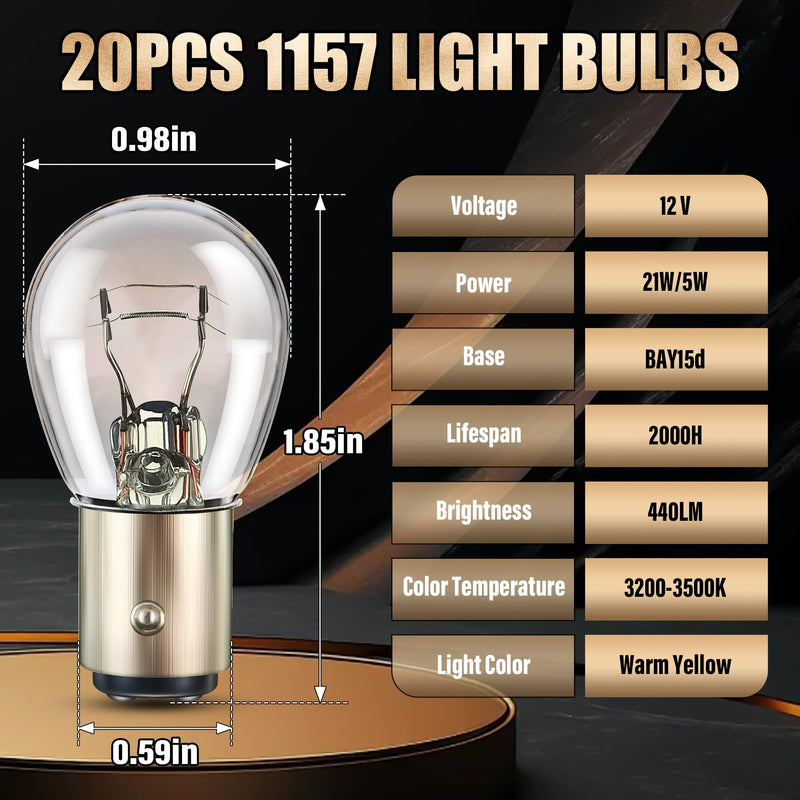 Meonum 20 Pack 1157 Bulbs, Long Life 1157 Light Bulb Replacement, 12V 21W/5W Tail Light Turn Signal Brake Light Bulb Bulk Compatible with 7528 2357 2057 1016 1034 1076 for Marker Tail Running Parking