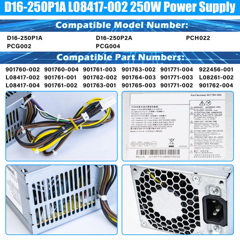 Upgraded D16-250P1A L08417-002 250W Power Supply D16-250P2A PSU Compatible with HP ProDesk 280 282 600 800 G3 480 400 G4 PCH022 L08417-004 901760-002 901761-001 901760-001 PA-2251-5 Power Supply