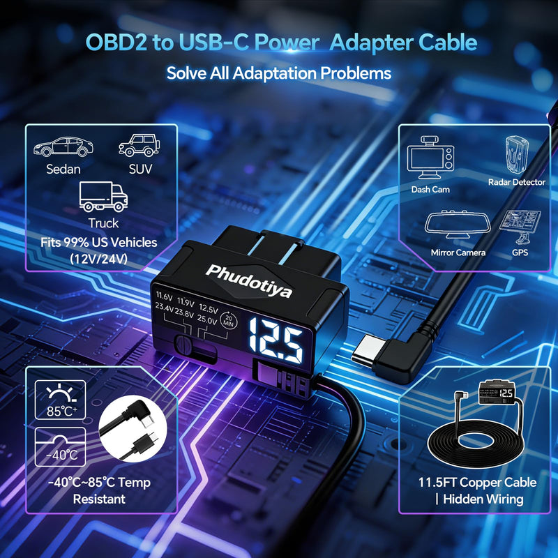 OBD2 to USB-C Power Cable for Dash Camera, OBD Dash Cam Hardwire Kit with Acc Detection, 4-Level Low Volt Protection & LED Voltmeter, Plug & Play OBDII Adapter for 24/7 Parking & Continuous Recording