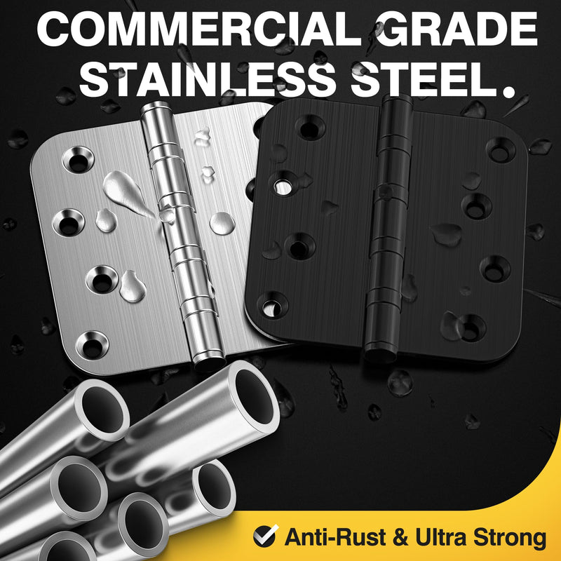 KOLET Ball Bearing Door Hinges, 4 x 4 Inches Door Hinges, Heavy Duty Stainless Steel Hinges, 5/8'' Radius Corner, Smooth and Quiet, Non Removable Pin, Matte Black, 3 Pack