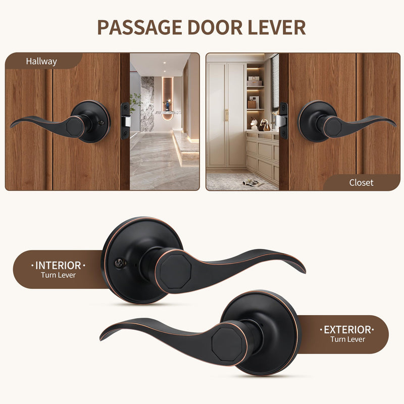 Moquin Wave Design Passage Door Lever Without Keys and Lock, Reversible Door Handle for Right/Left Side Closet/Hallway Door Lock in Oil-Rubbed Bronze (Red Margin) Finish Passage-NO Lock & NO Key