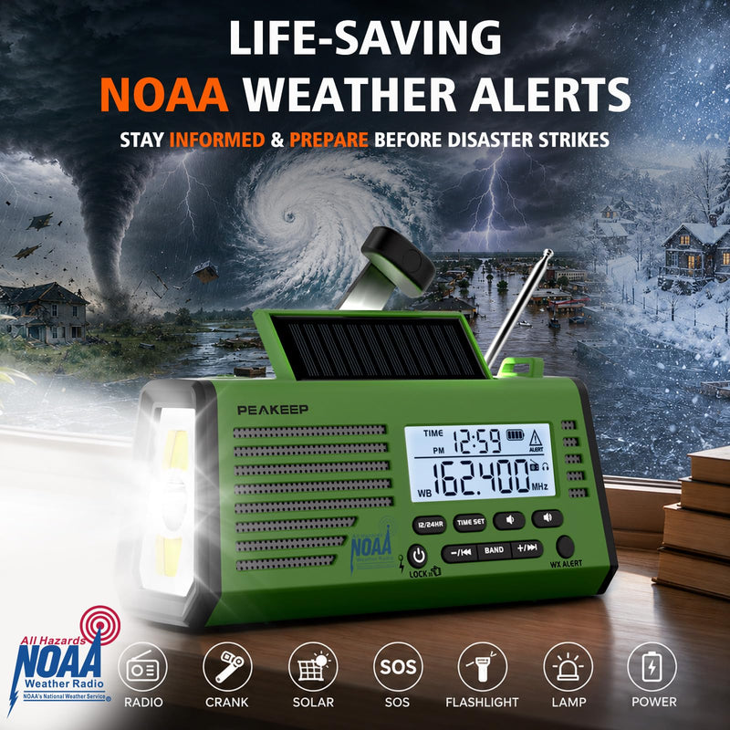 Peakeep Emergency Radio NOAA Weather Alert Battery Solar Crank Powered | AM FM SW Portable Radio , Rechargeable Battery 18500mWh, SOS Flashlight Lamp for Home Car Camping Storms Blackouts Prep Green with Black