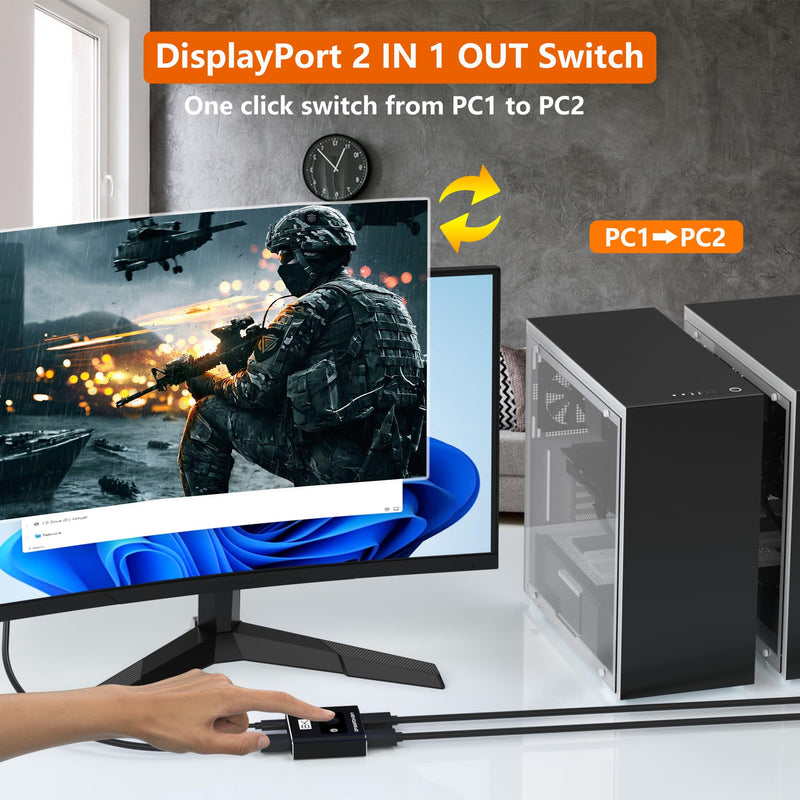 DisplayPort Switch 2 in 1 Out, 8K@60Hz DP 1.4 Switcher Selector Box, Unidirectional Display Port Switcher for Dual PCs & Gaming Consoles, 4K@144Hz DP Switch with DSC Support (DP Cables Not Included)