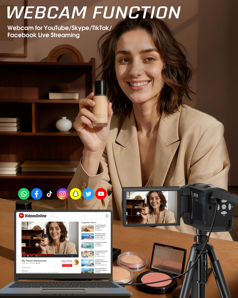 Video Camera Camcorder, QHD 2.7K 56MP 16X Digital Zoom Vlogging Camera | 2.8" 270° Rotatable Screen Camcorder, Built-in LED Fill Light Camcorder for YouTube with 32GB Card and Two Batteries