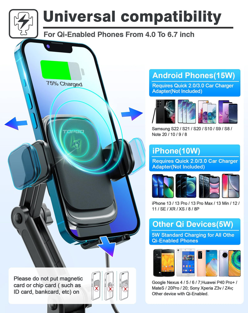 [Upgraded] TOPGO Cup Phone Mount Wireless Charger,Universal Cell Phone Holder Car Charger Wireless-Charger-Cup-Phone-Holder Fast Charging for iPhone16/16 Pro/16 Pro Max, Samsung Galaxy - Black | Upgraded, Universal Cell Phone Holder, Fast Charging, iPh...