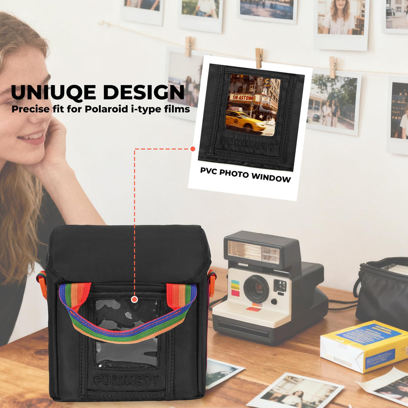 Camera Case for Polaroid Now 3rd/2nd Gen with Photo Display Window | Instant Camera Sling Bag with Clear Display Window, Quilted Front Pocket, 8mm Padding, Top Handle and Adjustable Strap, Black