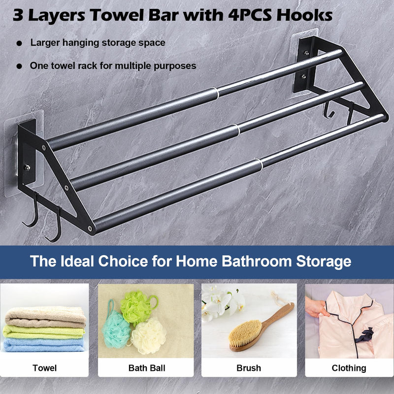 3-Layers Bathroom Towel Bar Wall Mounted Adhesive or Screw Mounting, 13.5"-24.5" Adjustable Bath Towel Holder Rack Stainless Steel Black Hand Towels Rod Hanger with Hooks for Home Kitchen Toilet