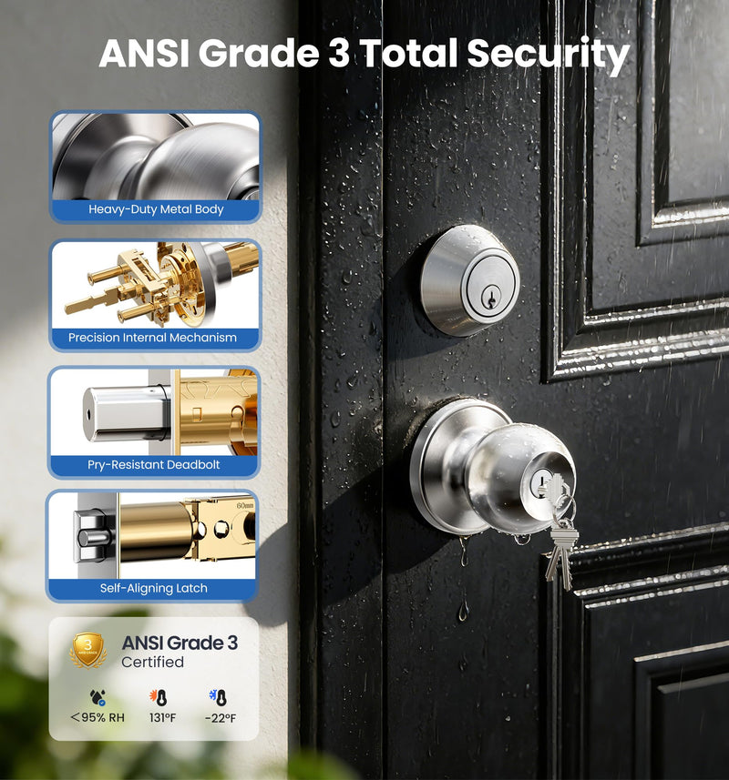 Veise Keyed Alike Exterior Door Knob and Single Cylinder Deadbolt Combo Set, Easy Installation Keyed Same Entry Door Lock for and Entrance Front Door, Heavy Duty, Brushed Nickel 1