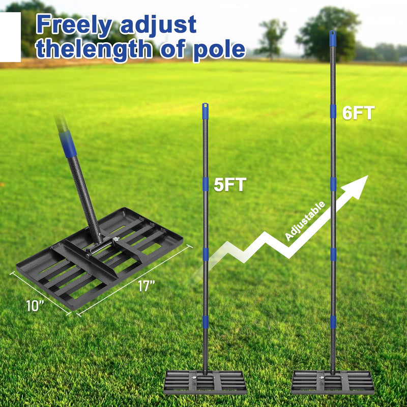 Lawn Leveling Rake,Stainless Steel Lawn Leveler with 18”x10” Ground Plate, 72” Adjustable Long Handle, Level Lawn Tool for Grass, Golf Field, Level Soil or Dirt Ground Surfaces 6 FT
