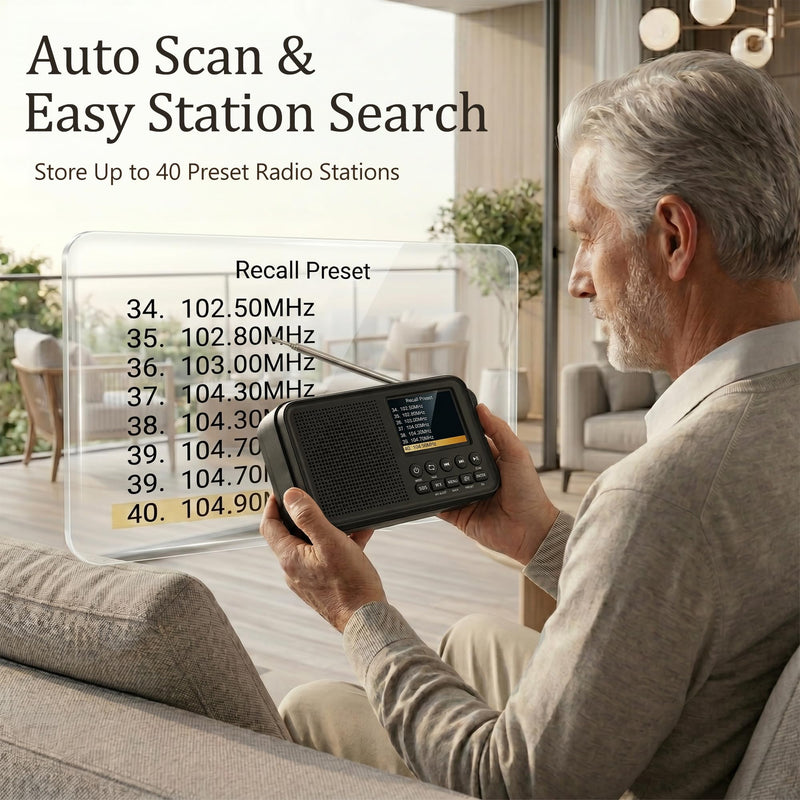 FM Radio with Bluetooth, NOAA Weather Band, 2.4" Color Screen, Rechargeable Portable Radio, Dual Alarms, microSD Playback, USB-C Charging, Headphone Jack for Home, Bedroom, Office & Travel Black
