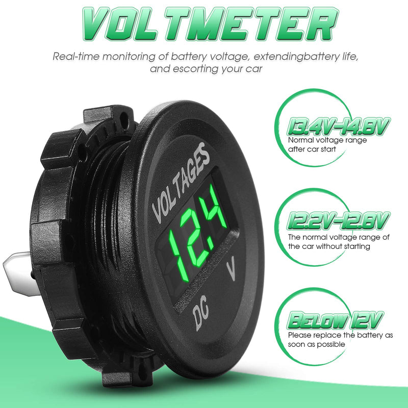 Frienda 4 Pieces DC 12V Car Voltage Gauge LED Display Waterproof Voltmeter Digital Round Panel Voltmeter Compatible with Vehicle Motorcycle Truck Camper Caravan ATV UTV Car Boat (Green) Green
