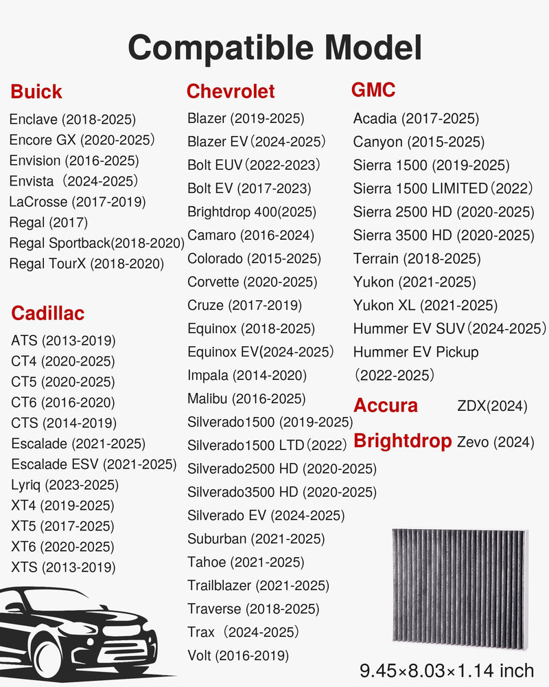 Puroma Cabin Air Filter with Activated Carbon, Replacement for 6091C, CP966, CF11966, Buick Enclave, LaCrosse, Cadillac ATS, CTS, Chevrolet Camaro, Cruze, Impala, Malibu, Silverado, GMC Sierra, Yukon 1