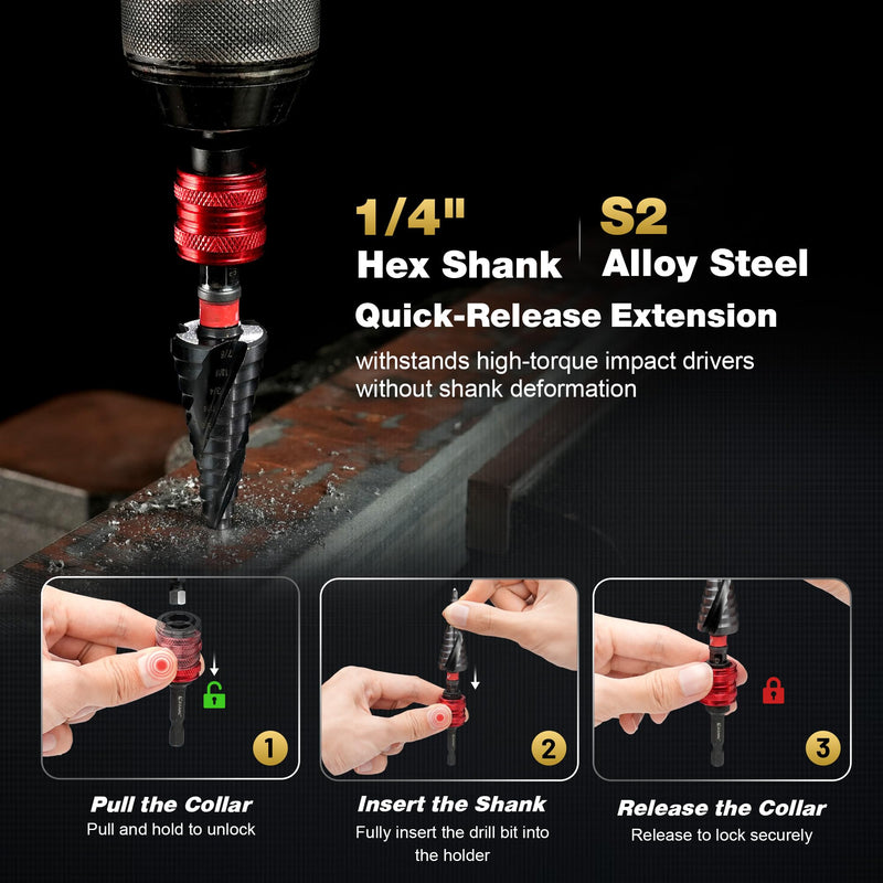 EZARC Step Drill Bit for Metal (3/16''-7/8'')，M35 Cobalt Wear-Resistant AlTiN Coated Step Drill Spiral Flute Unibit, 5/16" Thickened and 1/4" Hex Shank for Stainless Steel, Aluminum, Plastic 3/16"- 7/8"