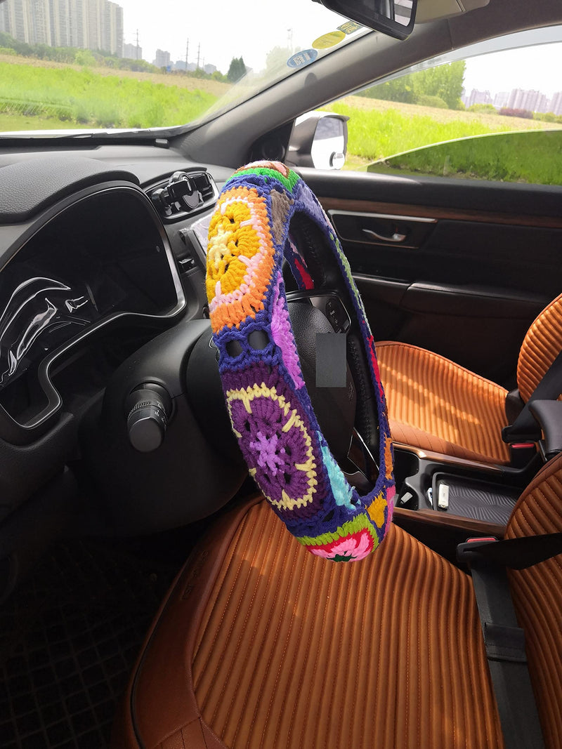 YDM Crochet Steering Wheel Cover, Sunflower Design, Standard Size (14-15 inches), Cotton, Slip Resistant, Elastic, Customizable Color, Gift Idea steering wheel cover+2 belt cover