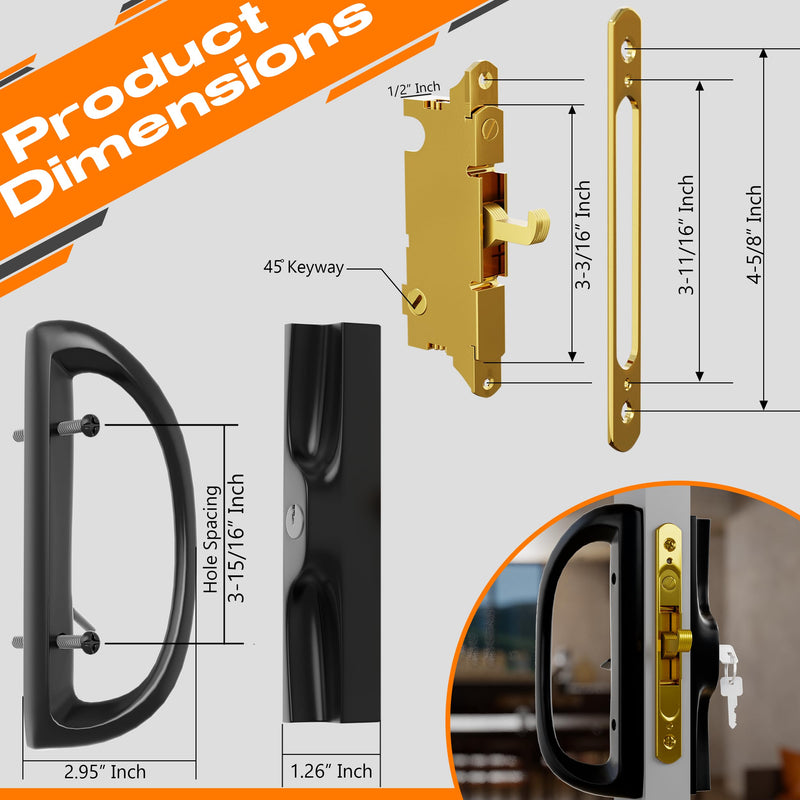 Sliding Glass Door Handle Replacement Kit with Keyed Lock, 3-15/16" Screw Spacing, All-Aluminum, Mortise Style, Reversible, Fits 1-3/8"–1-3/4" Doors Black