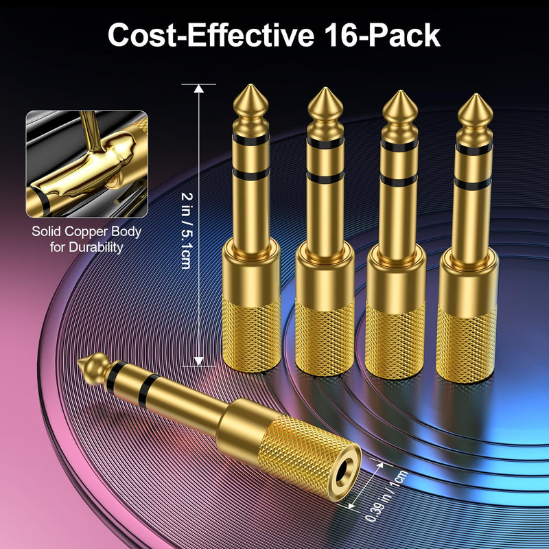 16-Pack 1/4'' to 1/8''(6.35 Male to 3.5 Female) Guitar Audio Jack Adapter | Thickened Gold Plated Hi-Fi Stereo Audio Converter for Guitar Amplifier, Piano, Speaker, Mixer, Headphone, Keyboard, Phone