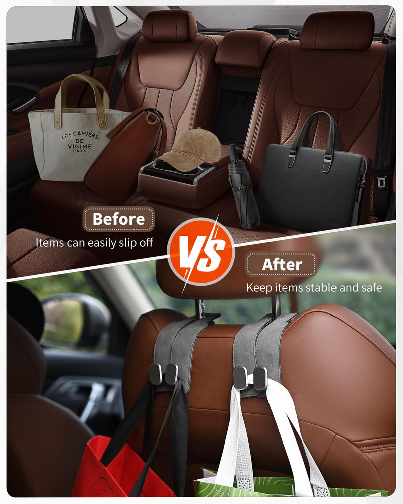 Headrest Hooks for Car, 4 Pack Car Seat Back Organizer Storage Hook, Double Hook Car Seat Hooks for Hanger Purses and Bags, Leather Purse Holder for Car, Black Black-4Pack
