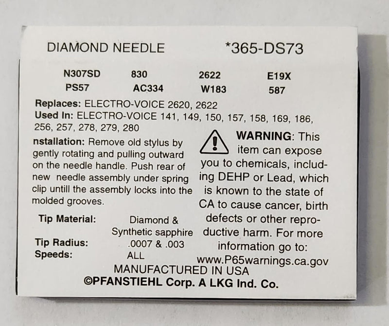 Pfanstiehl Replacement Phonograph Needle Compatible with Magnavox AstroSonic EVG Electro-Voice EV 132, 141, 149, 150, 157, 158, 163, 169, 186, 256, 256D, 258, 278, 280, 289 365-SS73 Astatic N307-SD