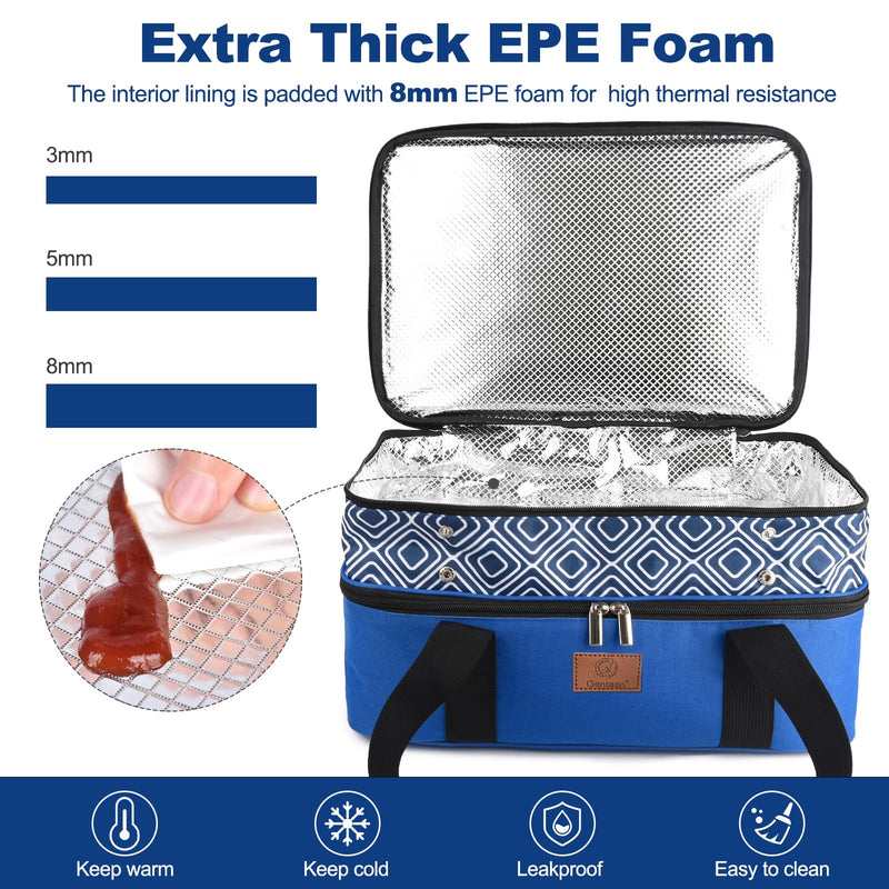 Genteen Insulated Casserole Carrier,Expandable Double Insulated Food Carrier for Hot and Cold Food, Fits 9x13 Casserole Dish,Lasagna Holder Tote for Parties Potluck Picnic (Blue)