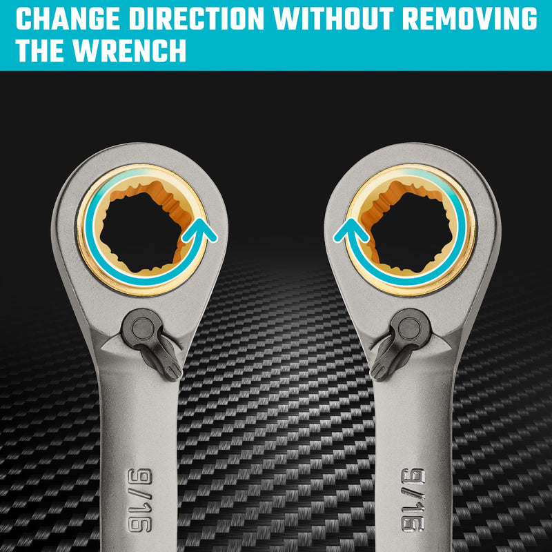 DURATECH Anti-slip 4-in-1 Reversible Ratcheting Box Wrench Set, Double Box End, SAE, 2-Piece, 5/16, 3/8, 7/16, 1/2 & 9/16, 5/8, 11/16, 3/4-Inch, CR-V Steel, Nickel Plated, with Rolling Pouch Anti-slip & SAE