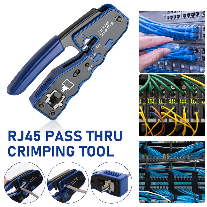 RJ45 Crimp Tool Kit Pass Thru Ethernet Crimper for Cat5e Cat6 Cat6a 8P8C Modular Connectors, All-in-One Cat6 Crimping Tool and Tester(9V Battery Not Included) KIT-08